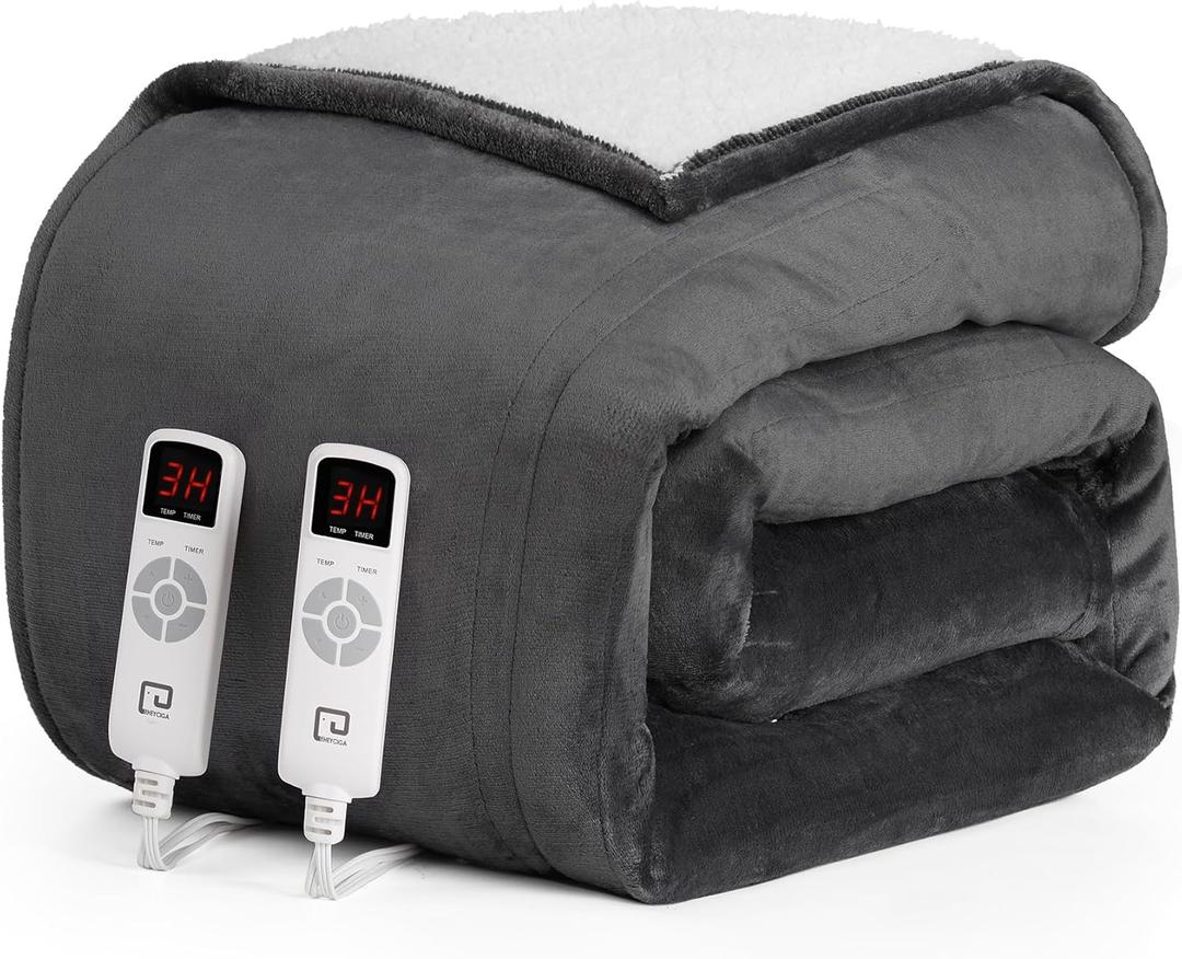 EHEYCIGA Heated Electric Blanket King Size - 9 Heating Levels, 10 Hours Auto Off, Soft Cozy Sherpa Washable Dual Control With Fast Heating, 90 x 100 Inches (Charcoal)