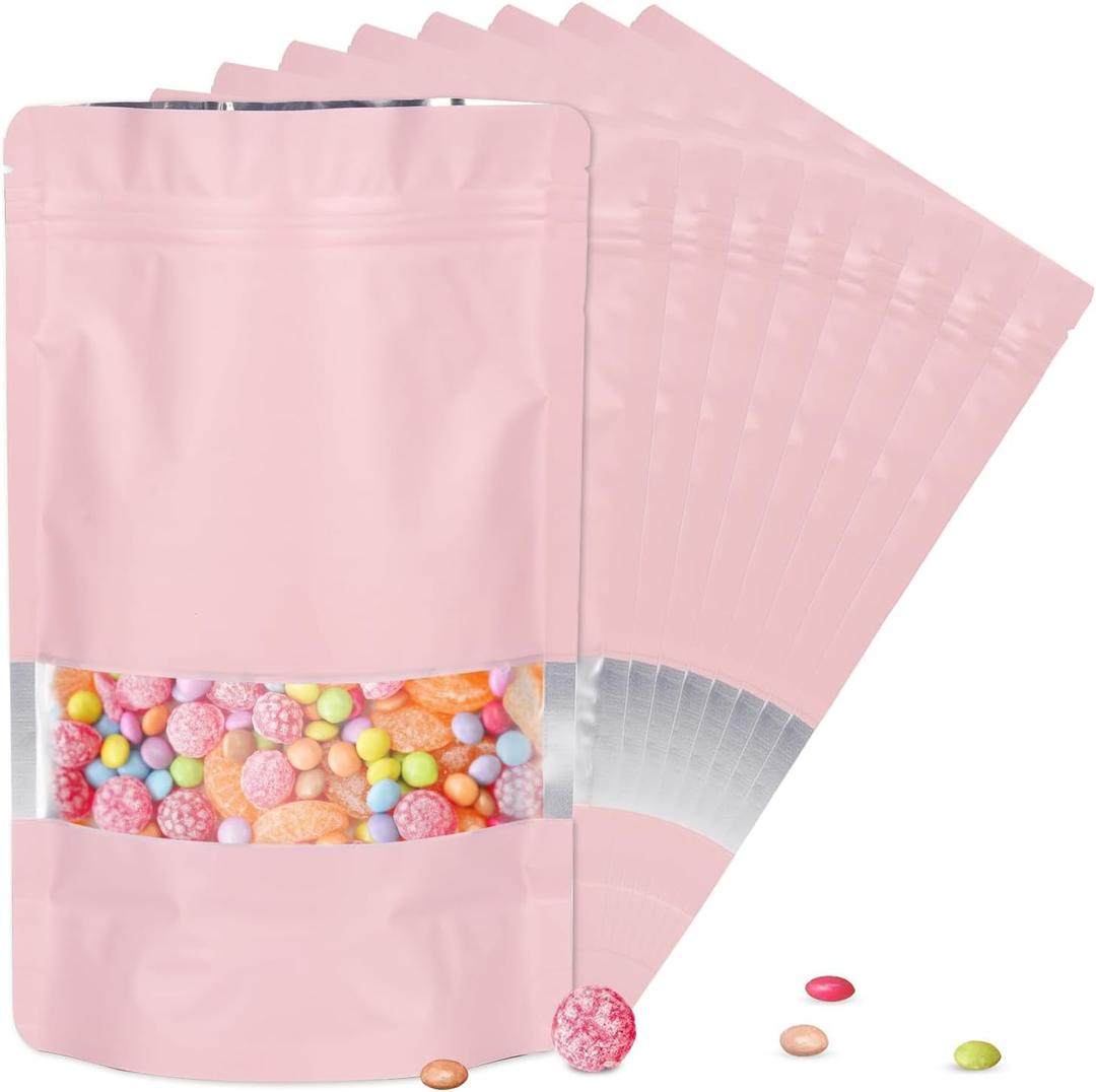 4.7"x7.8" 120pcs Mylar Bags for Food Storage,Smell Proof Bag with Matte Window Resealable Food Storage Bags for Small Business, Stand-up Foil Pouch Packaging Freeze Dried Candy Bag(Pink)