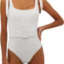 Saodimallsu Womens Sexy One Piece Bathing Suit High Cut Knit Square Neck Tied Strappy Swimsuit with Belt, Large, White 