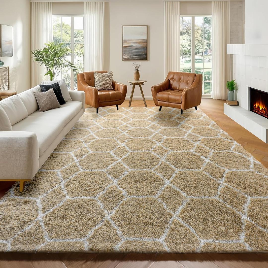 ONASAR Living Room Area Rug 6x9, Large Beige and White Geometric Floor Rugs for Bedroom Home Decor Aesthetic, Soft Fuzzy Shaggy Plush Fluffy Moroccan Carpet for Teen Nursery Dorm Classroom Office