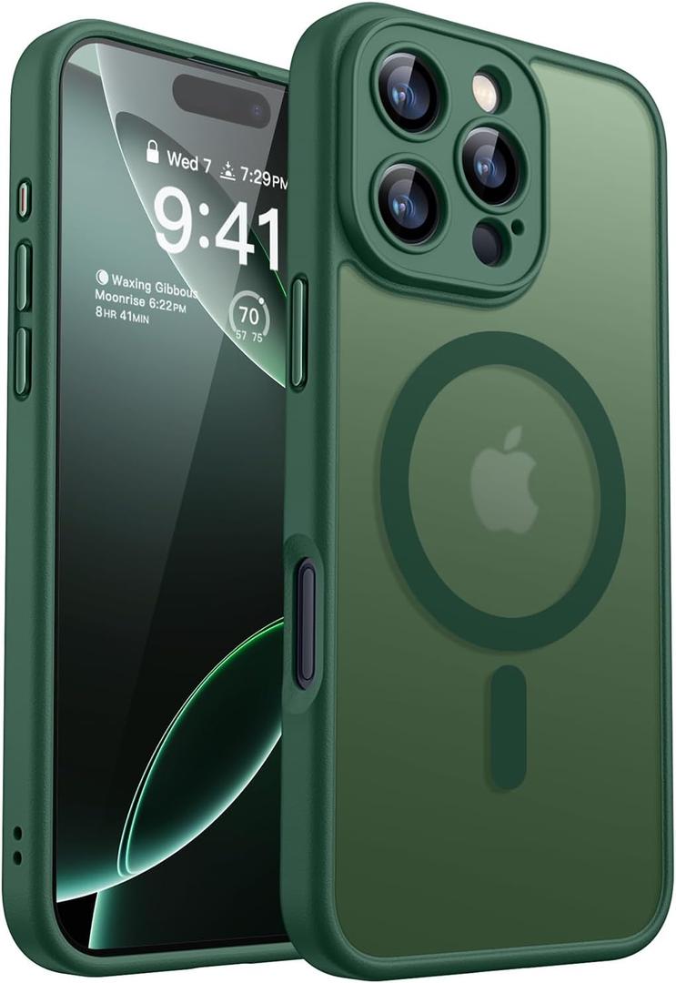 CANSHN Magnetic Compatible with iPhone 16 Pro Case, Upgraded [Full Camera Protection] [Compatible with Magsafe] [Translucent Matte] Shockproof Protective Phone Case Cover 6.3 Inch - Deep Green