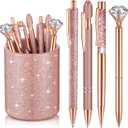 Sabary 8 Pcs Rose Gold Pens with Pen Holder for Desk Glitter Crystal Diamond Cute Ballpoint Fancy Pencil Holder Bling Desk Organizer for Women Girls Gifts School Office Valentine Supplies