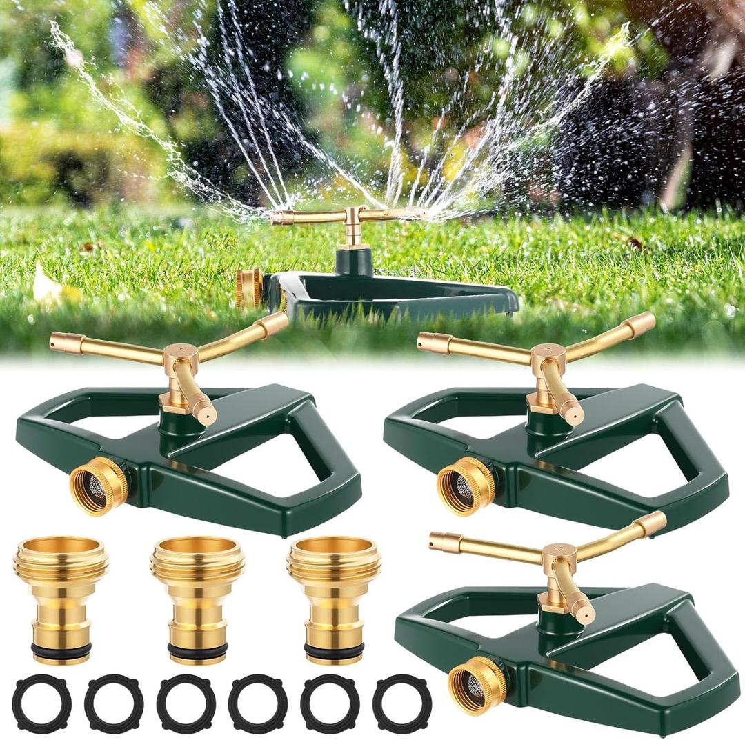 3 Sets Rotating 360 Degree Swivel Garden Sprinkler Pulsating Impact Sprinkler with Metal Base, Heavy Duty Adjustable Garden Hose Sprinklers System for Large Area Lawn Yard(3 Arm Rotating)