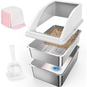 Stainless Steel Litter Box for Pine Pellet Cat Litter Non Clumping Litter System | XXL Sifting Cat Litter Box with Lid for Big Cats | High Sided, Anti-Urine Leakage | Non-Stick Bottom (Silver Gray)