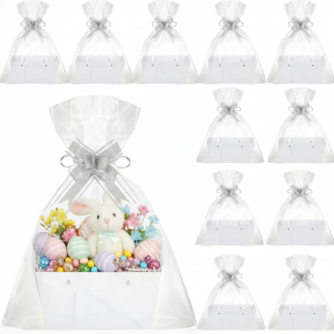 Colarr 12 Pack Baskets for Gifts Empty Bulk Kraft Empty Gift Basket Kit with Handle Wrap Bag Bow DIY Cardboard Market Tray to Fill for Easter Wedding Graduation Party, 9.8" x 6.5" x 4.3"(White)