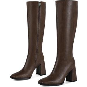 Wetviro Knee High Boots for Women Tall Boots Womens Chunky Block Heel Dress GoGo Long Boots (10, Brown)