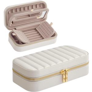 SONGMICS HOME Travel Jewelry Case, Small Jewelry Box Organizer with Mirror, 4.1 x 8 x 2.4 Inches, PU Surface with Stitching, Portable, Cloud White, ANAH Collection UJBC180W01