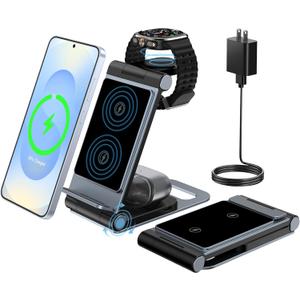 Wireless Charger for Samsung 3 in 1 Wireless Charging Station Foldable Wireless Charger Stand for Samsung S26 S25 Ultra S24 S23 S22 S21 / Z Flip/Z Fold Series for Galaxy Watch 8/7/6/5/4/ Galaxy Buds (Elegant Black)