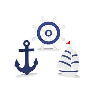 COCHIE Wooden Nautical Decor Set of 3, Double-Sided Anchor Sailboat Tiered Tray Decorations, Summer Wood Cruise Ship Wheel Sign for Tabletop, Home, Desk, Shelf, Party Decoration