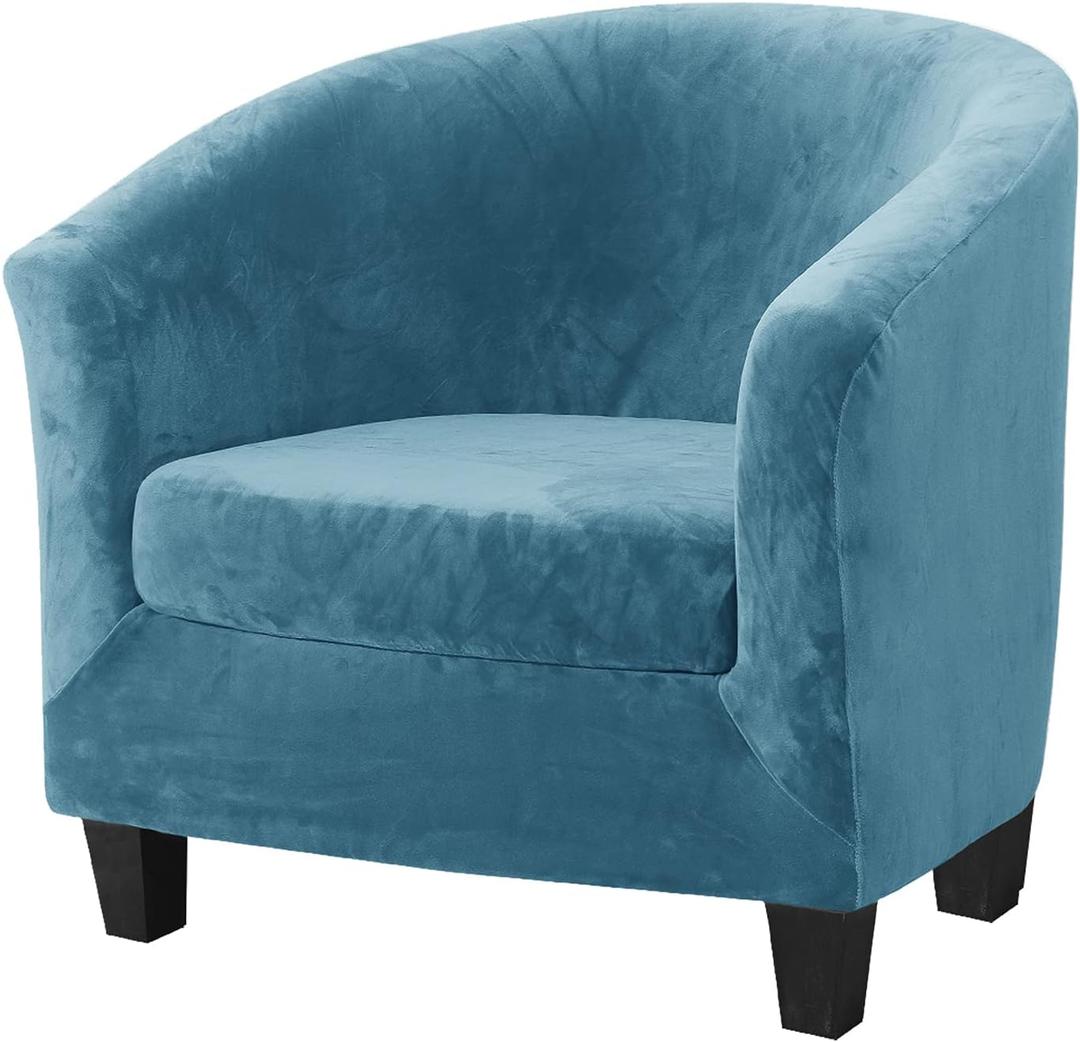 MIFXIN Tub Chair Slipcover 2-Piece Stretch Club Chair Cover with Cushion Cover Spandex Round Barrel Chair Couch Armchair Furniture Protector for Living Room Hotel (Velvet Blue)