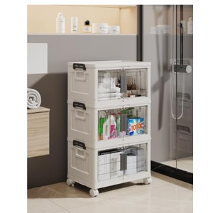 OlarHike 23QT Stackable Storage Bins with Lids - Folding Storage Box with Doors and Wheels, Collapsible Plastic Storage Bins for Closets, Storage Containers for Kitchen, 3 Pack Cubes, White