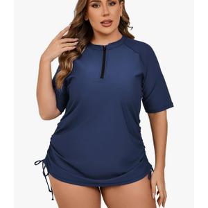 Halcurt Women's Plus Size Half Zip Short Sleeve Rash Guard Swim Top Drawstring Swim Shirt UPF50+ Swimsuit,1X