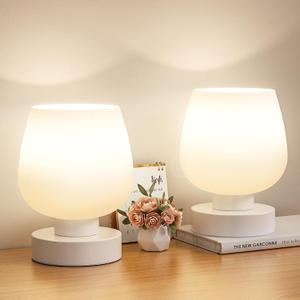 Seealle Touch Bedside Table Lamp Set of 2 - Small Bedside Lamp for Bedroom Living Room Night Stands, Desk Lamp with White Glass Shade for Small Spaces, 3 Way Dimmable, LED Bulbs, Gifts