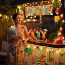 Haull 95PCS Tiki Bar Hut Kit LED Luau Hawaiian Party Decorations with Portable Table Tiki Bar Banner Table Skirts Tropical Garlands Flowers Straws and LED Lights for Summer Pool Beach Parties(Bamboo)