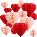 UNIQOOO 16 Pack Red Blush Pink Valentines Day Decorations Pom Pom, Heart & Ball Tissue Paper Honeycomb for Party Decor, Wedding, Engagement, Bridal Shower