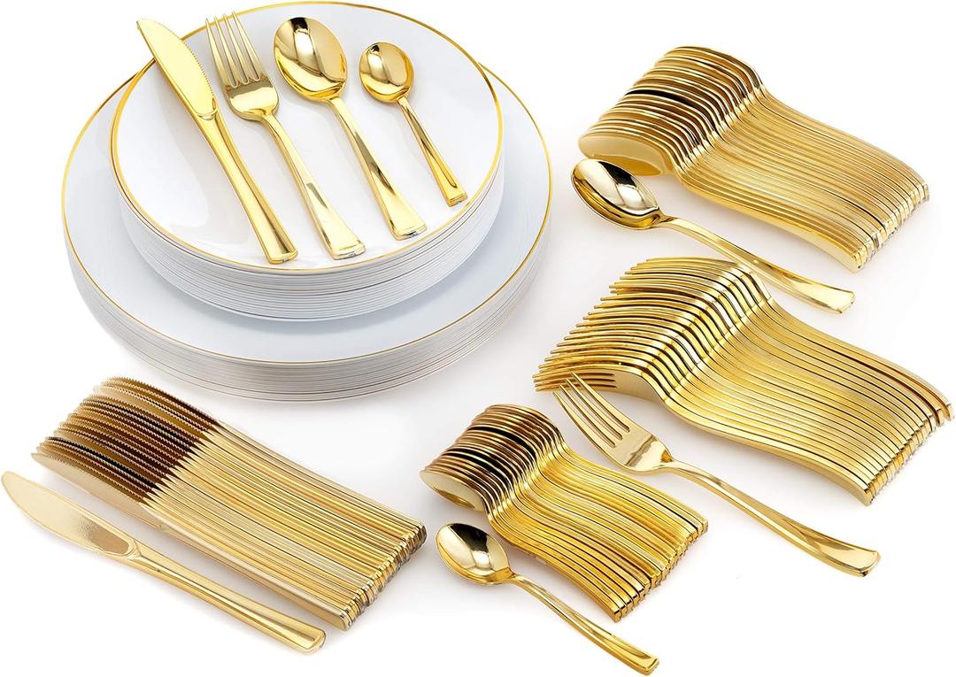 Trendables 120 Piece White And Gold Rimmed Elegant Premium Quality China Like Disposable Wedding Dinner Plates And Cutlery Set Including Forks Knives Spoons and Tea Spoons For 20 Guests