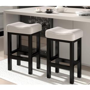Bar Stools Set of 2, 24 Inch Counter Height BarStools for Kitchen Island, Faux Leather Thick Saddle Seats & Heavy Duty Metal Base, Easy Assembly (White,24 inch)