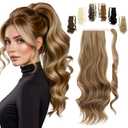 FELENDY 20" Ponytail Extension Curly Wavy Clip in Hairpiece Wrap Around Long Pony Tails Hair Extensions Synthetic for Women Ash Blonde Mix Ginger Brown