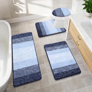 Bsmathom Bathroom Rugs Sets 4 Piece, Soft Absorbent Microfiber Bath Rugs with U-Shaped Contour Toilet Rug and Toilet Lid Cover, Thick Non-Slip Plush Shaggy Bath Mat Set,Navy Blue
