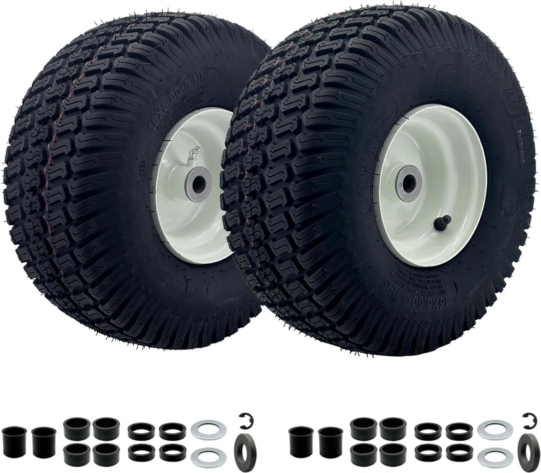 2-Pack 15x6.00-6 Lawn Mower Tire and wheel with chevron Turf Treads and 3" -6'' Offset Hub, 3/4" or 5/8'' Bearings, Front Tire Assembly Replacement for Craftsman Riding Mowers， John Deere Mowers
