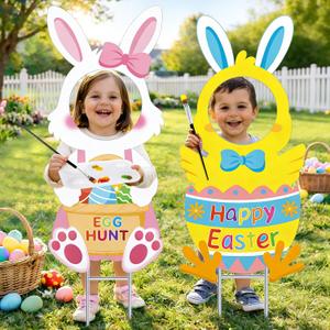 Nuberlic 2pcs Easter Bunny Large Face Cutout Photo Props Yard Signs Decorations DIY Easter Paint Craft for Kids Chick Easter Egg Hunt Yard Decorations Outdoor Picture Booth Props Spring Yard Sign Decor