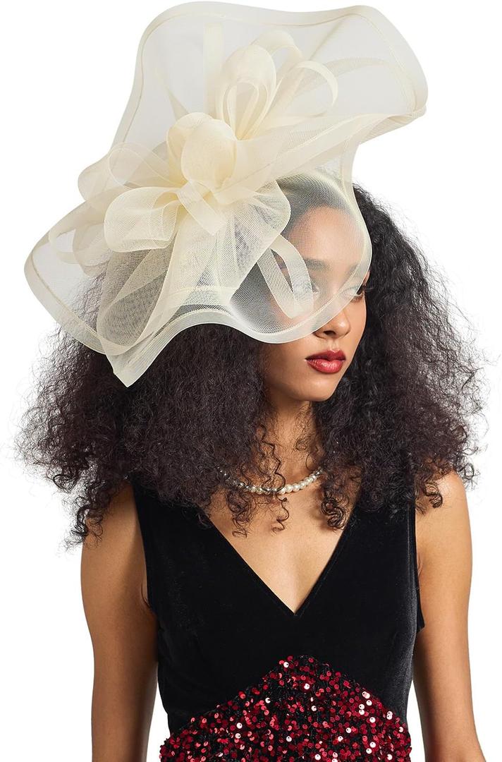 Tea Party Hat Fascinators Hats for Women Girls Elegant Kentucky Derby Hat Flower Feather Headband Outfits for Wedding Church (Beige)