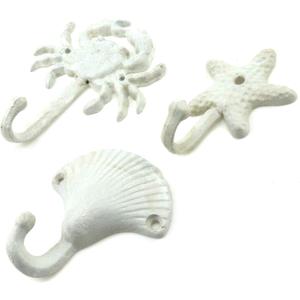 MY MIRONEY 3-Piece Starfish Seashell Crab Coats Hooks White Beach Ocean Theme Decorative Wall Hooks with Screws