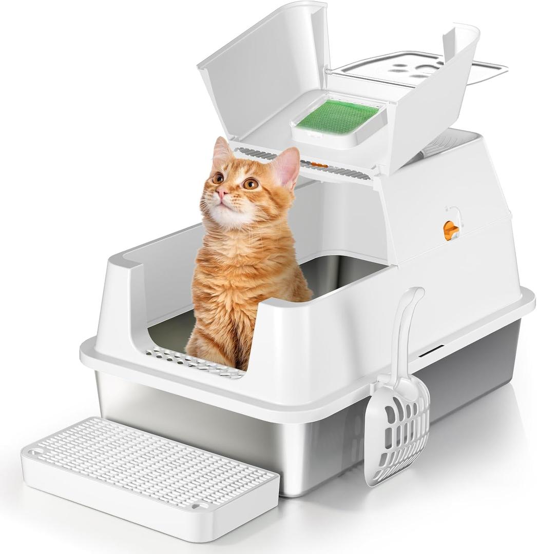 Stainless Steel Cat Litter Box with Lid, Flip-Top XL Large, White