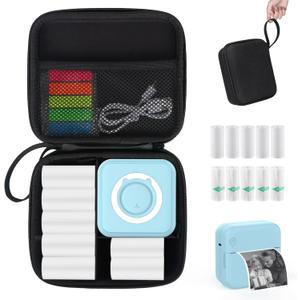 Blue Mini Pocket Printer with Black Case, Thermal Printers with 10 Rolls Thermal Paper, Portable Photo Printer for Travelling, Journal, Memo, Photo, Study Notes, Shopping Lists