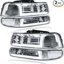 LED DRL Headlights Assembly for 1999-2002 Chevy Silverado 1500 2500 1500HD 2500HD 3500HD 2000-2006 Suburban Tahoe Headlamp Clear Reflector Chrome Housing
