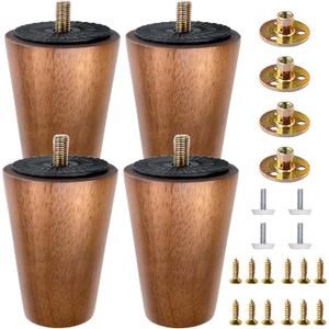 4-Pack 4-Inch Solid Hardwood Furniture Legs, Mid-Century Style with Golden Metal Caps - Walnut Finish, Perfect for Couches, Dressers, Chairs, and Cabinets