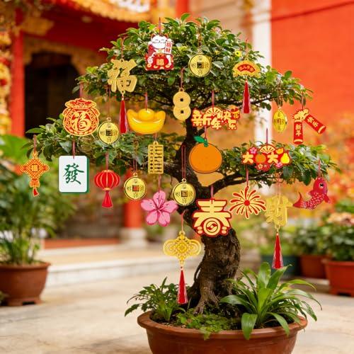 KYMY Chinese New Year Hanging Ornaments Set – 30pcs Red & Gold Lucky Decorations with Coins, Fu Charms & Lanterns, 2026 Zodiac Horse Year Spring Festival Pendants for Tree, Branch & Home Decor