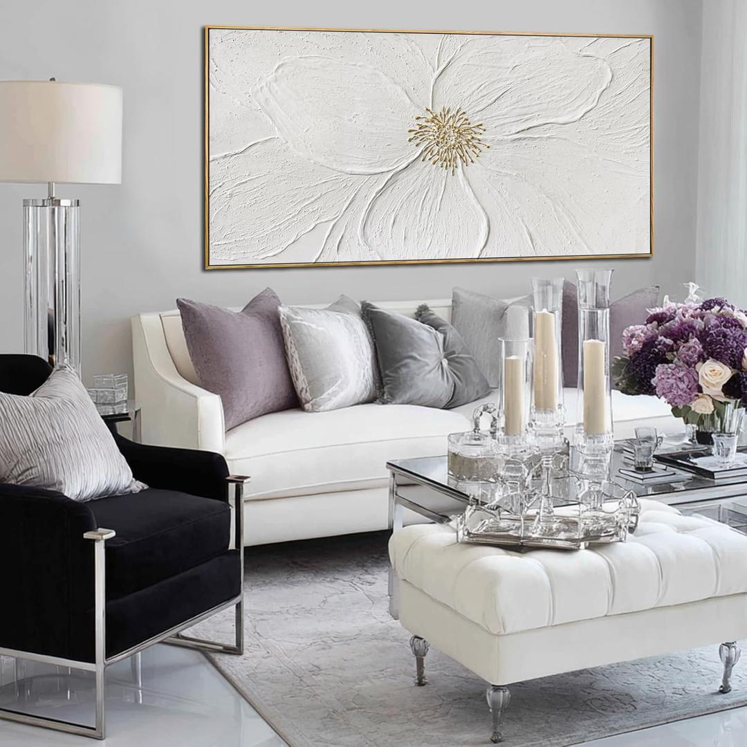 Hand-Painted Floral Wall Art White Gold Petals Living Room 24x48 Inch