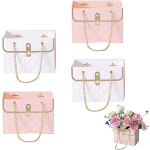 NADUSEP 4 PCS Flower Paper Gift Box, Bouquet Storage Bucket Florist Handbag with Metal Chain, Gift Craft Wrap Bag for Wedding Party Valentine's Day Birthday Mother's Day Bridal Shower Gift Wrap Bags (White Pink)
