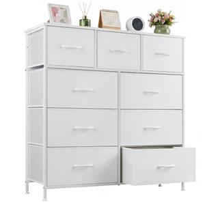 9-Drawer Dresser for Bedroom, Anti-Tip Tall Storage Organizer Chest of Drawers with Wooden Top and Metal Frame Fabric Bins for Closet, Living Room, Hallway, Entryway, Ivory White