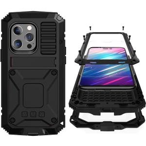 Compatible with iPhone 14 Metal Case with Screen Protector Camera Protector Military Rugged Heavy Duty Shockproof Case with Metal Kickstand Full Body Tough Dustproof Case (Black)