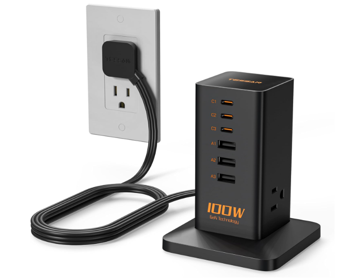 TESSAN Charging Station PD 100W, TESSAN 9-in-1 USB C Power Strip for iPhone 17/16/15, MacBook, Tablet, Desktop Phone Fast Charger with 3 AC, 3 USB-A Ports, Home Drom Office Accessories