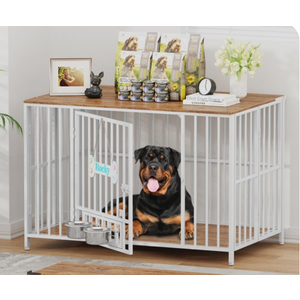 Lyromix 43" Foldable Dog Crate Furniture, No Assembly Large Dog Kennel Furniture for Medium and Large Breed, Chew-Proof XL Wooden Dog Cage as Side End Table, White