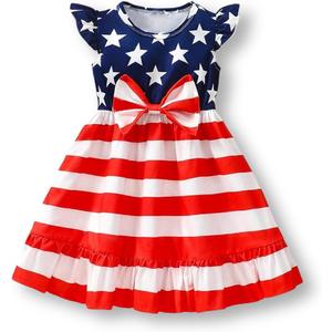 Girls 4th of July Dress Toddler Patriotic American Flag Outfit with Flutter Sleeves Red White Blue Skirt (2-3T)