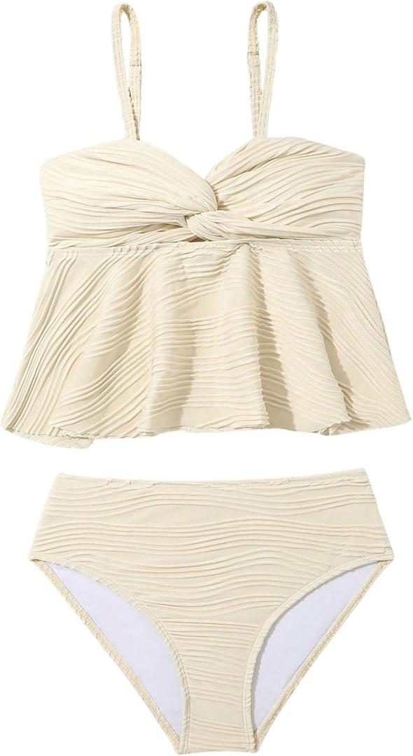 OYOANGLE Girl's 2 Piece Textured Tankini Swimsuit Twist Front Ruched Ruffle Bikini Set Bathing Suits Beige 12Y
