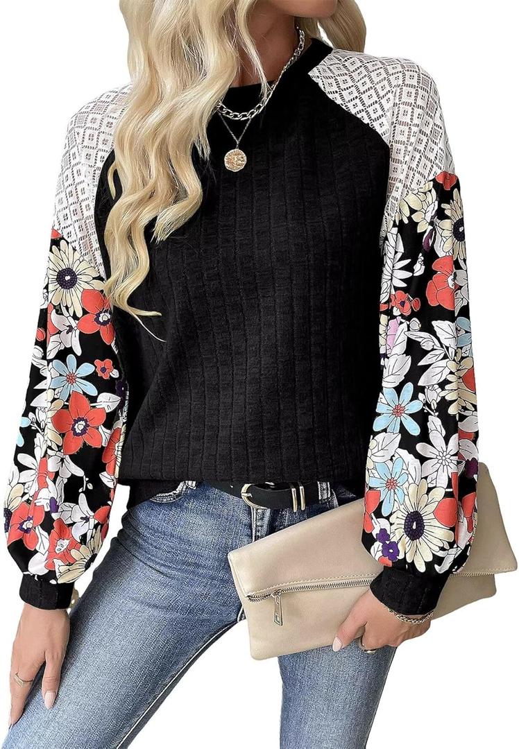 Floral Tops for Women Patchwork Long Sleeve Ribbed Blouses Crewneck Striped Crochet Print Shirts Lace Knit Sweaters (X-Large, Black)
