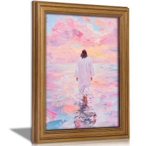 Vintage Gold Framed Jesus Wall Art Pink Jesus Walking on Water Canvas Prints Modern Christian Spiritual Picture Divine Light Religious Beliefs Oil Painting Poster Artwork for Living Room Church