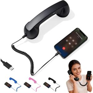 Retro Phone Handset, Retro Phone Handset for Phone, Type-C Retro Telephone Wired Handsets Style Landline Handle Receiver for Cell Mobile Video Conferences, Calls and Meetings (Black)