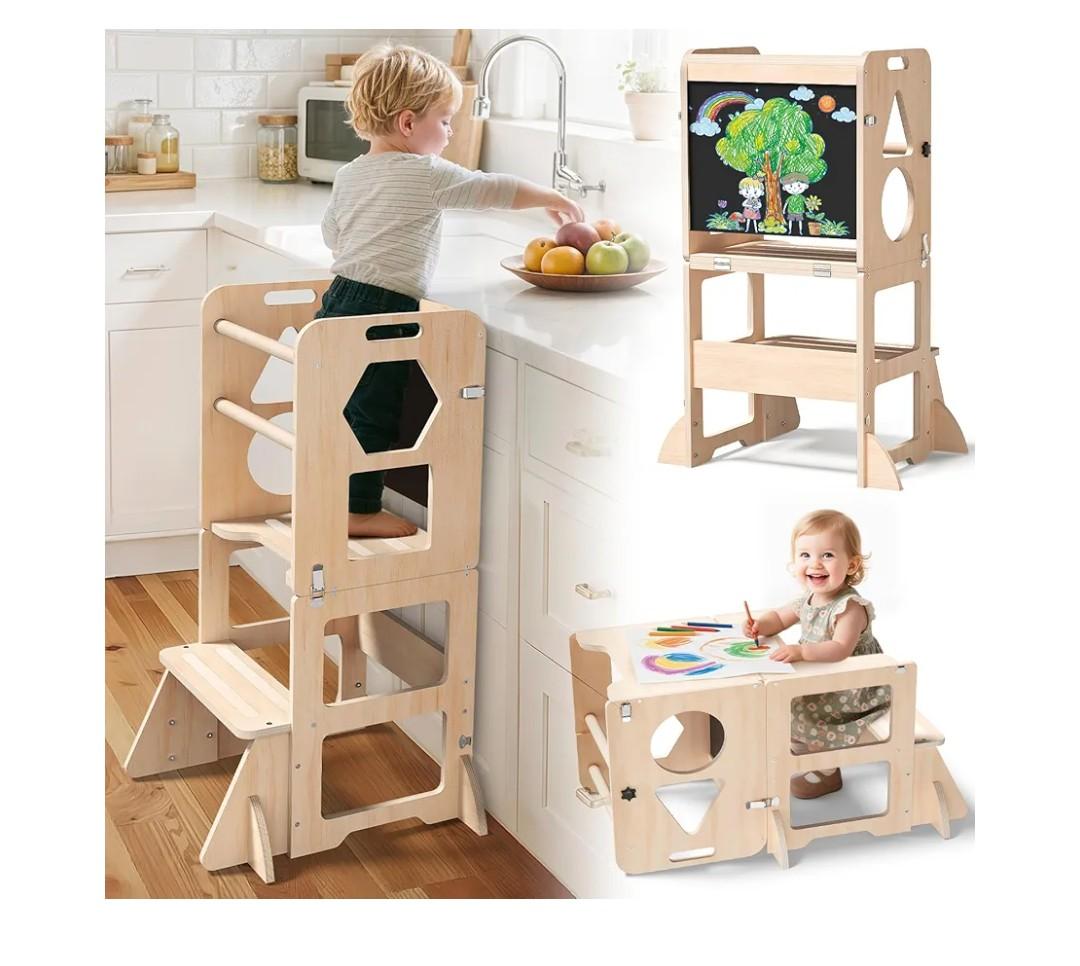 4-in-1 Toddler Kitchen Step Stool, Foldable Learning Standing Tower with Blackboard, Wooden Kitchen Stool Helper for Kids, 1-3 Year Old Boy Girl Gifts