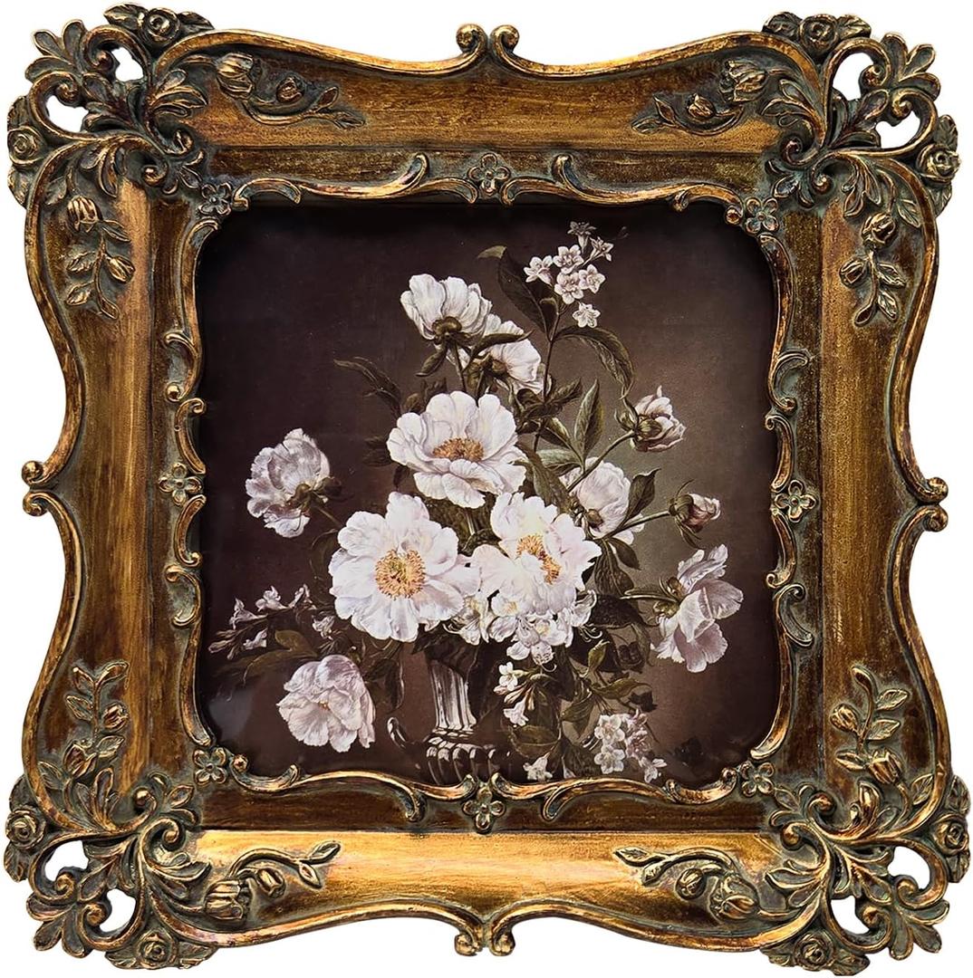 4x4 Small Vintage Picture Frame, Antique Bronze Gold Ornate Square Photo Frame, Wall Hanging or Tabletop Display, Decorative Floral Design Retro Home Decor, Photo Gallery Art