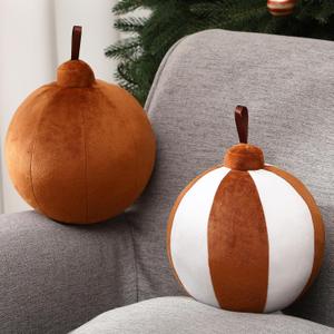 2 Pcs Christmas Pillows 7 Inch Round Christmas Ornament Shaped Throw Pillow Cute 3D Ball Xmas Throw Cushion Decoration for Bed Couch Sofa Chair Living Room(Brown and White)