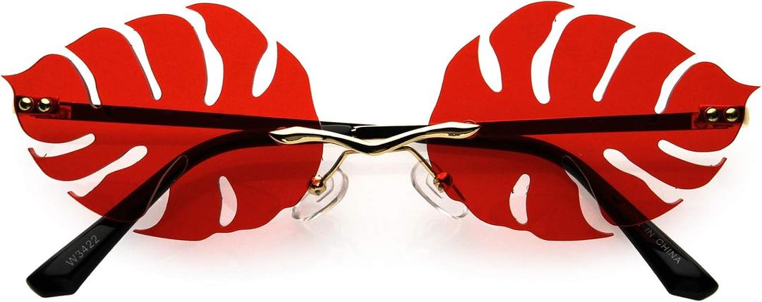 zeroUV Tropical Palm Leaf Shape Cut-Out Rimless Color Tinted Leaves Sunglasses (Gold / Red)