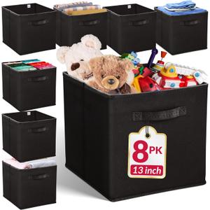 Reli. 13x13x13 Storage Cube Bins (8 Pack) | Large Cube Organizer Bins | 13x13 Fabric Storage Boxes | Fits Kallax | Collapsible, Foldable Fabric Cubby Box (Square) | Kids Room Organization (Black)