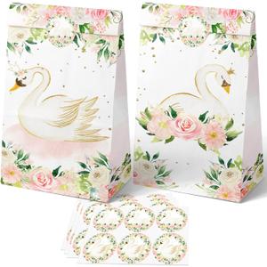 24 PCS Swan Party Favor Bags With Stickers - Candy and Goodie Gift Treat Bags for Swan Themed Birthday Party Supplies