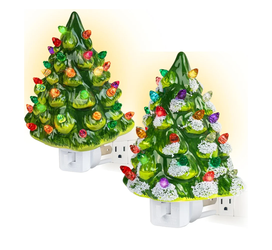 Dazzle Bright 2 Pack Ceramic Christmas Tree Night Light, UL Certified Nightlight Plug in, Vintage Christmas Decorations Indoor, Room Home Decor and Accessories, Night Light for Kids/Adults